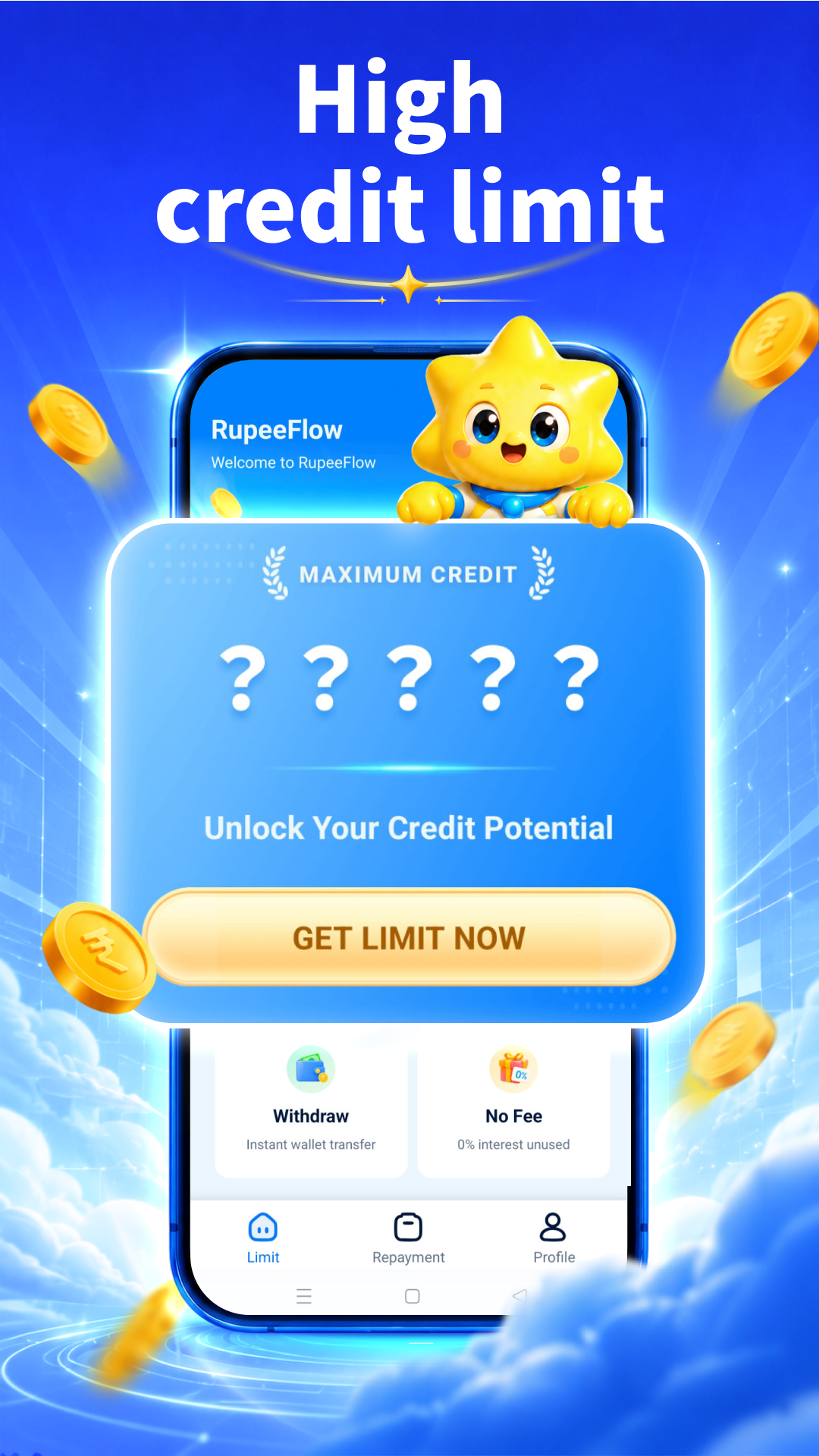 RupeeFlow app showing the maximum credit card and the Get Limit Now button